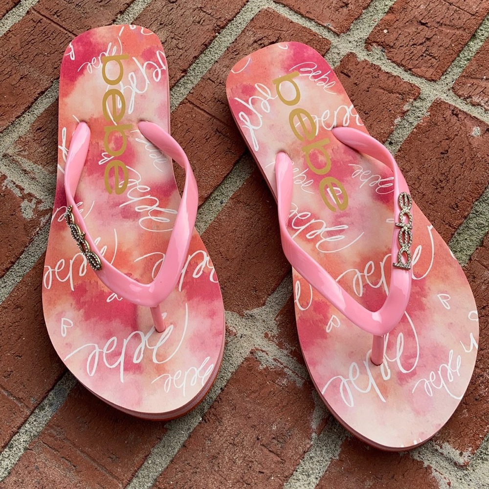 bebe Pink/Peach Logo Rhinestone Accent Flip Flops